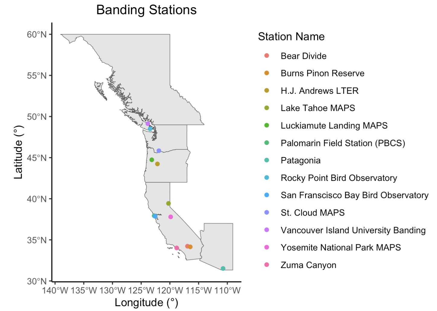 A map of the banding station locations participating in this project